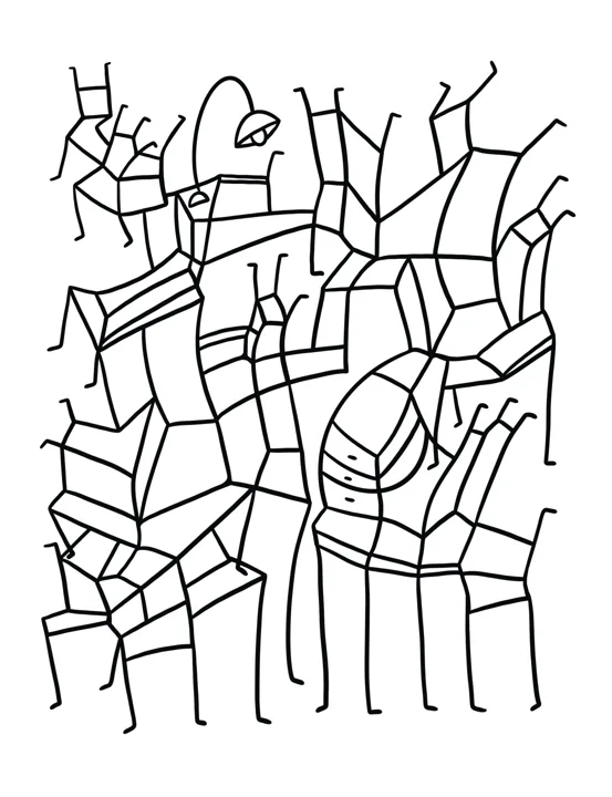 Black line drawing: dozens of chair-like figures built from irregular panels, stacked and tangled, their legs kicking out in every direction.