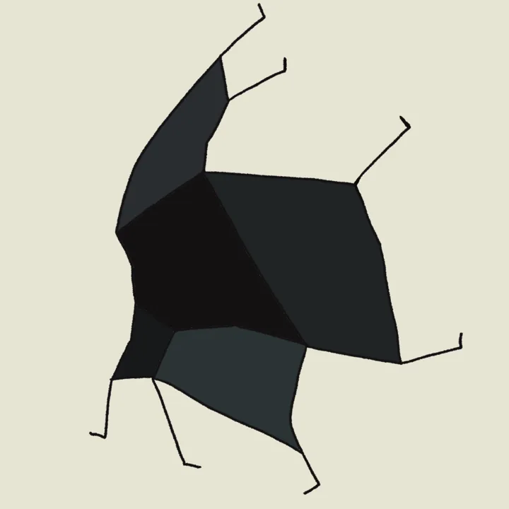 A single figure made of dark grey planes on a pale background, four thin legs splayed as if mid-jump.